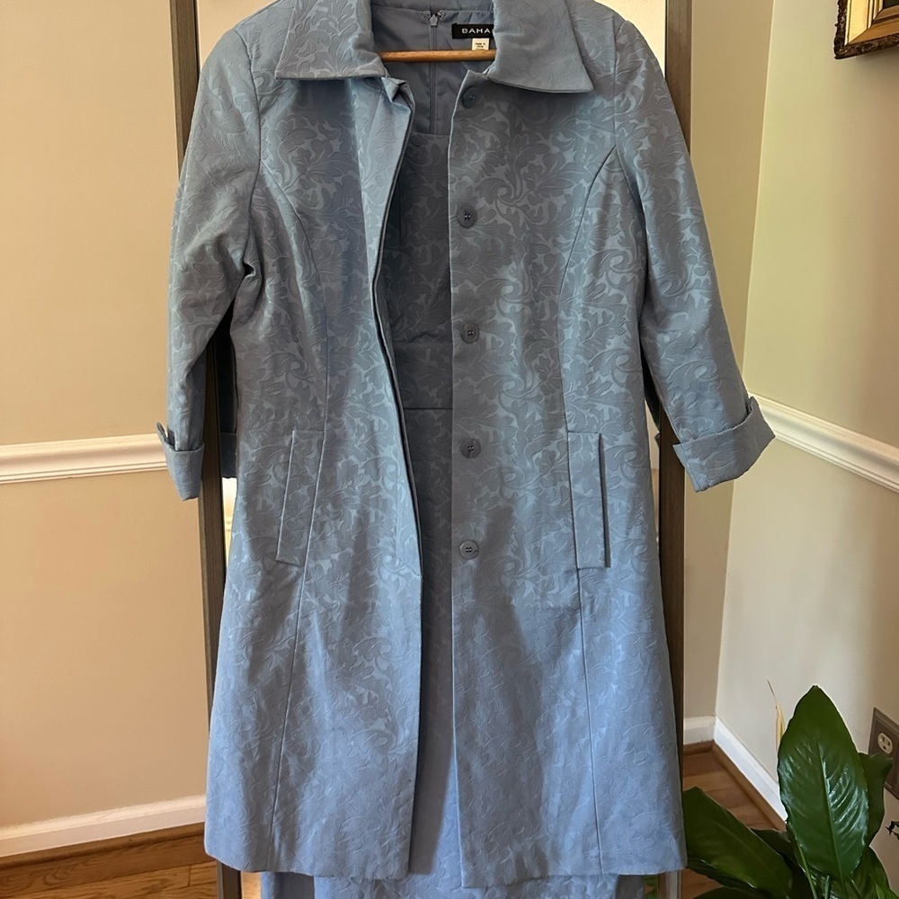 Bahari Light Blue Jacquard Trench Coat with Sheath Dress Size 14 - Picture 6 of 16